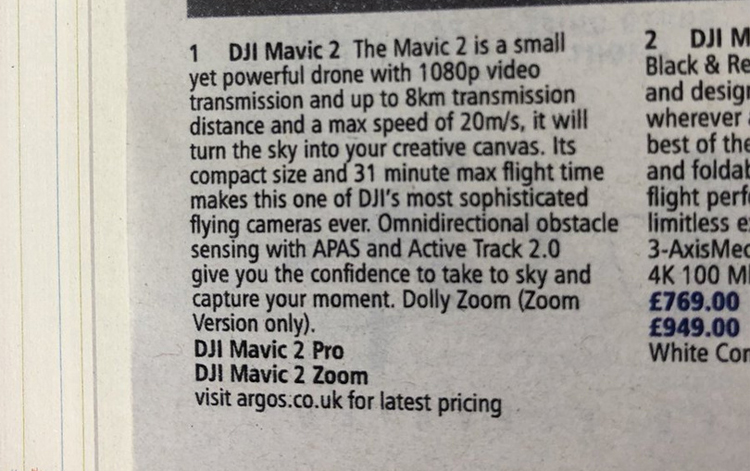 Gelekte advertentie bevestigt twee nieuwe drones in DJI Mavic 2 serie